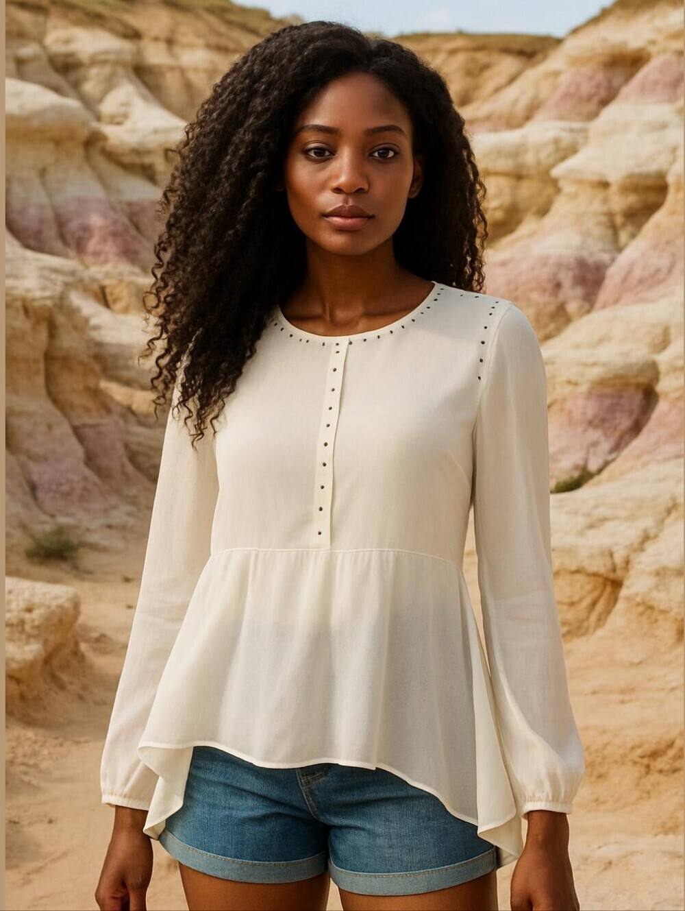 Mayoral White High-Low Peplum Tunic Stud Trim Flowy Angelic High Neck Breezy XS